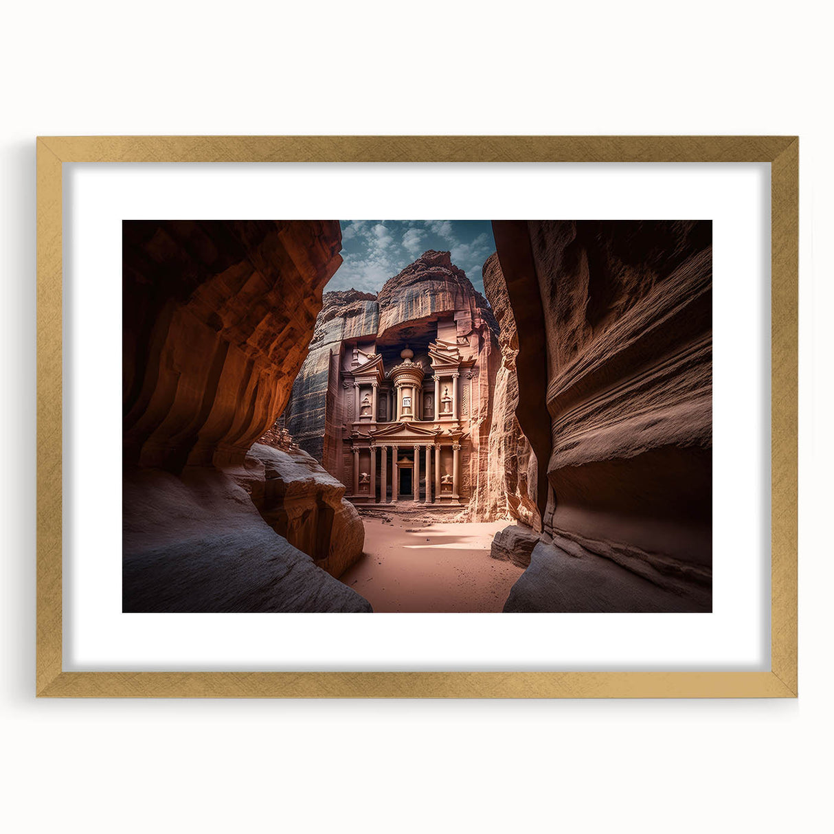 Extra large abstract art print of a textured Middle Eastern Jordan scenery in a gold frame, ideal for living room decor.