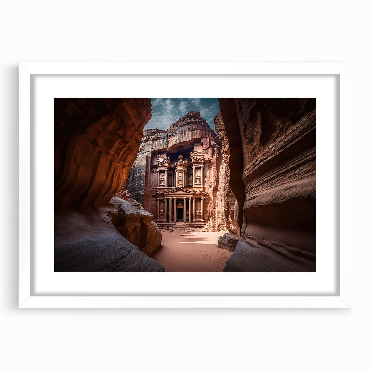 Abstract art print of a Middle Eastern desert landscape in muted earth tones on a white-matted frame.