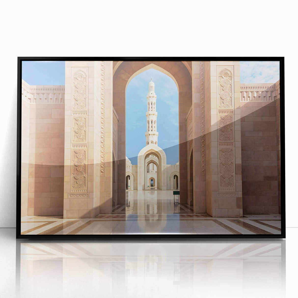 Large abstract wall art depicting a Middle Eastern Oman scenery in muted earth tones, framed in black acrylic.