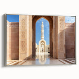 Landscape painting of Oman scenery on a framed canvas, featuring muted earth tones and silver highlights.