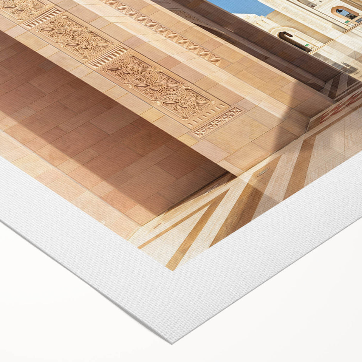 Art deco poster of a Middle Eastern Oman scenery in muted earth tones on rolled canvas, suitable for dining room wall art.