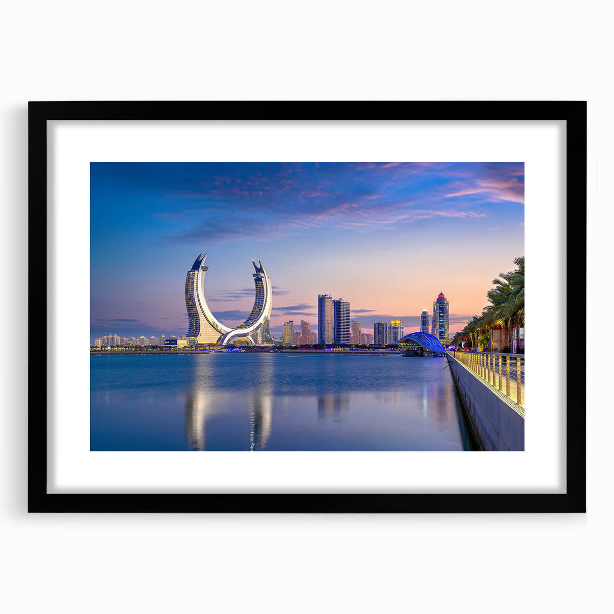 Extra large abstract art print featuring colorful, textured scenery of Qatar, framed in black, ideal for living room decor.