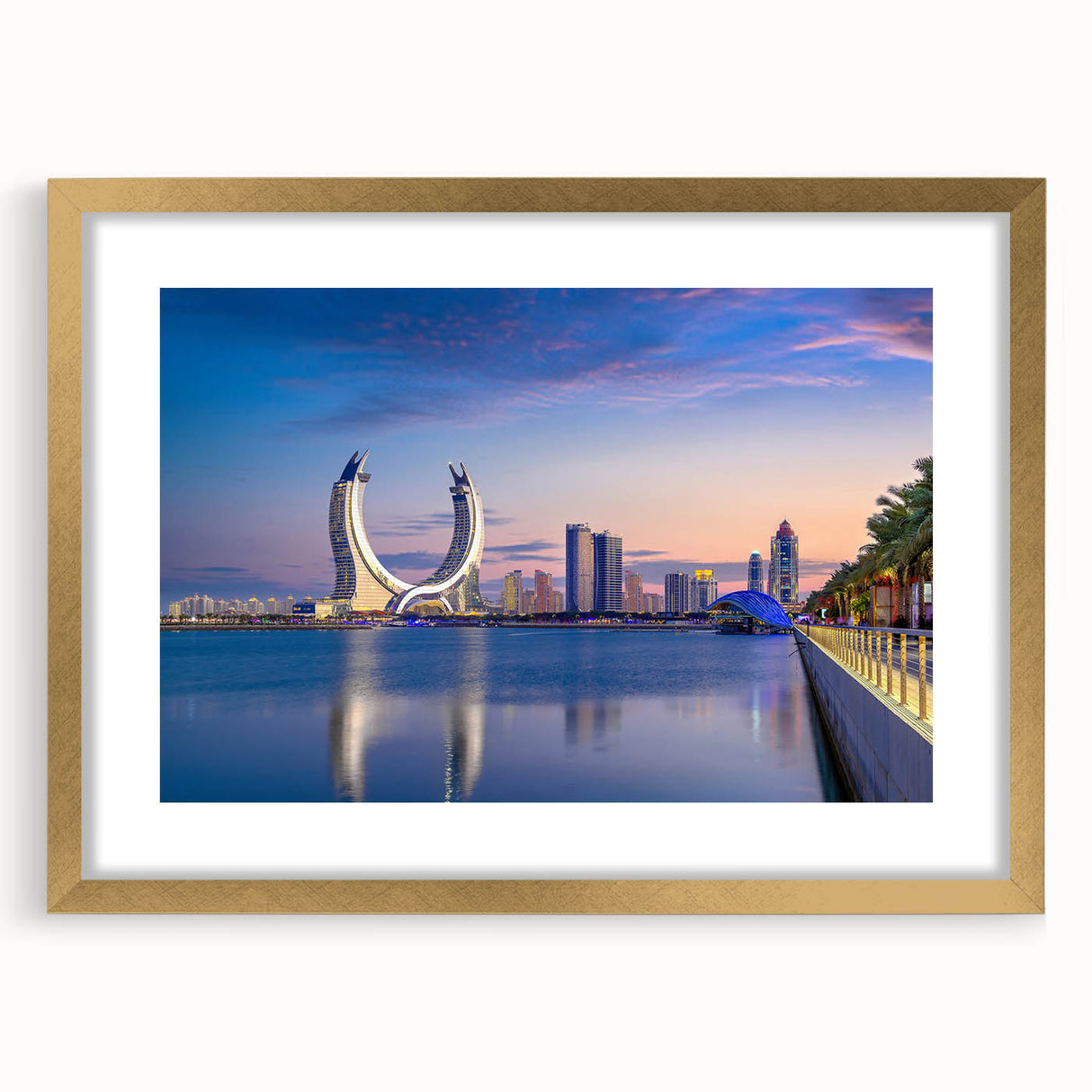 Extra large abstract art print of Middle Eastern scenery in gold frame, featuring textured earth tones.