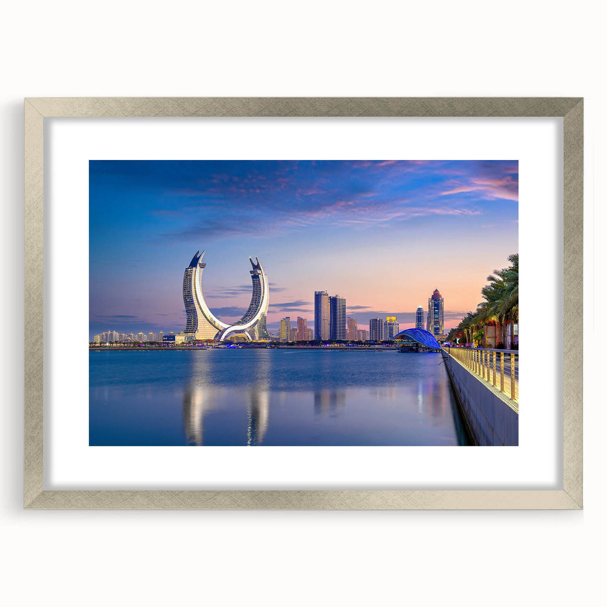 Textured abstract art print depicting a muted Middle Eastern scenery in a silver frame, ideal for bedroom art.