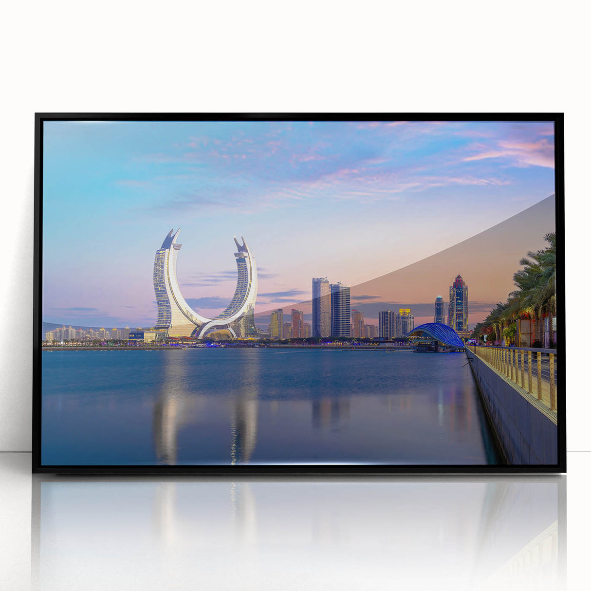 Large abstract wall art depicting a stylized Qatar scenery in muted earth tones on a framed acrylic.