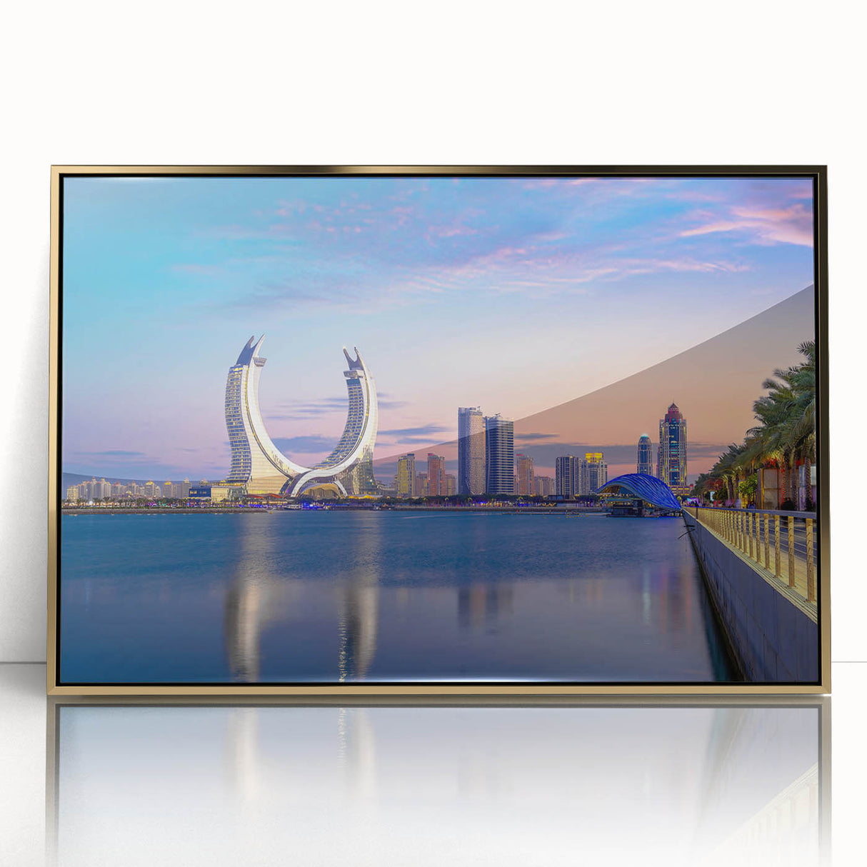 Framed acrylic print featuring a mid-century modernist Qatar scenery in gold and brown tones.