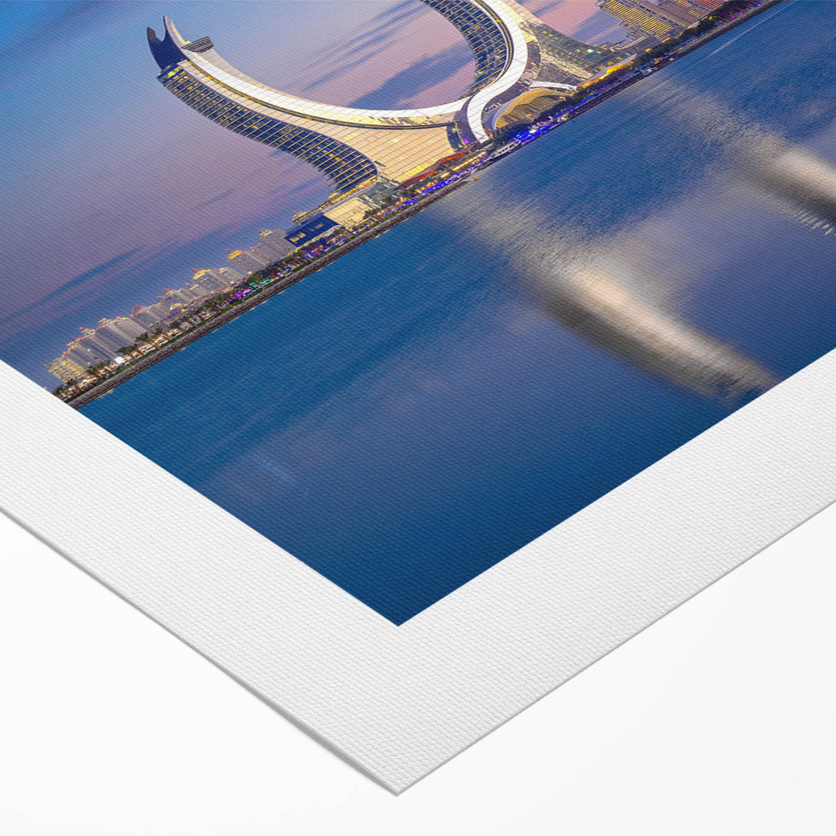 Art deco poster of a Qatar scenery in muted gold and blue tones on rolled canvas, ideal for dining room wall art.
