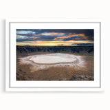 Abstract art print of a Saudi Arabian landscape in muted earth tones on a framed white canvas.