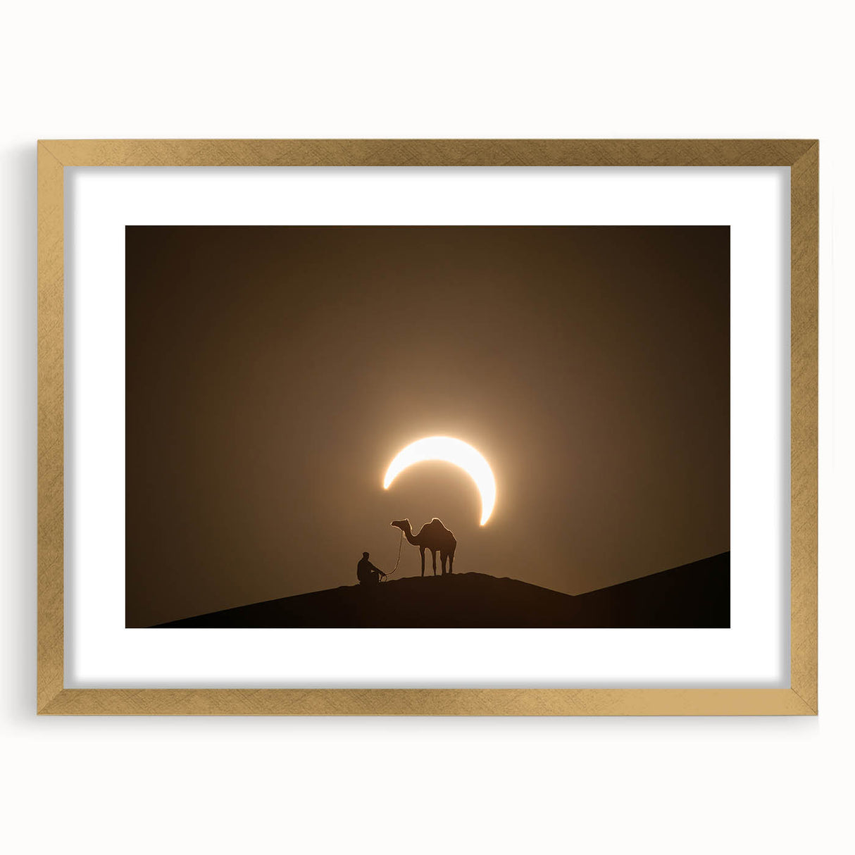 Extra large framed abstract art print depicting textured scenery of Abu Dhabi in muted gold and beige tones.