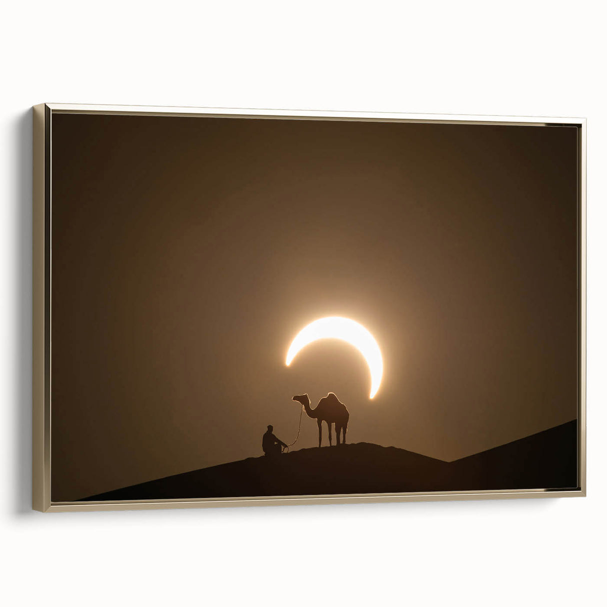 Framed canvas landscape painting of Abu Dhabi scenery in gold and black tones, suitable for bedroom wall art.