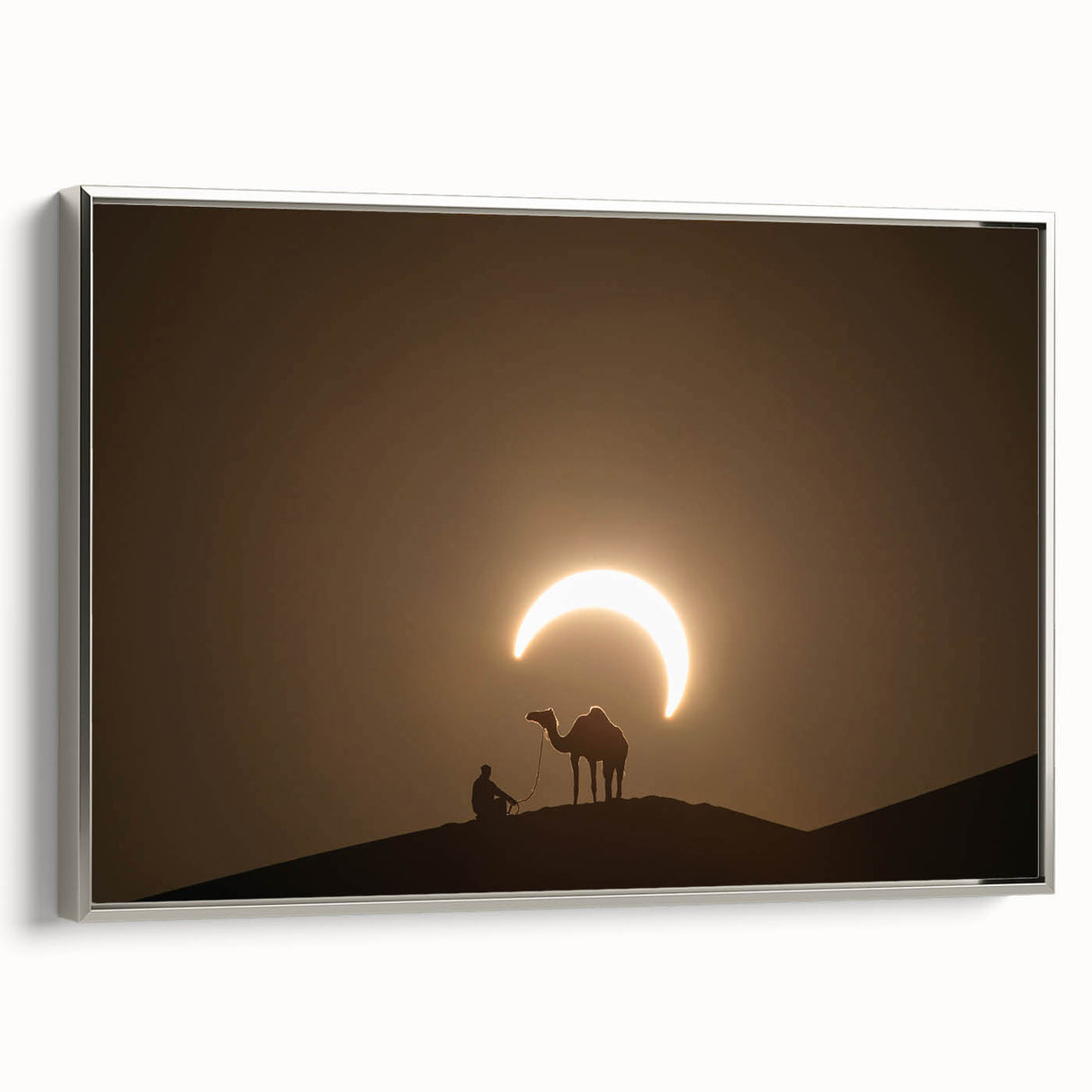 Landscape art painting of Abu Dhabi skyline in vibrant hues on silver-framed canvas, suitable for modern living room decor.