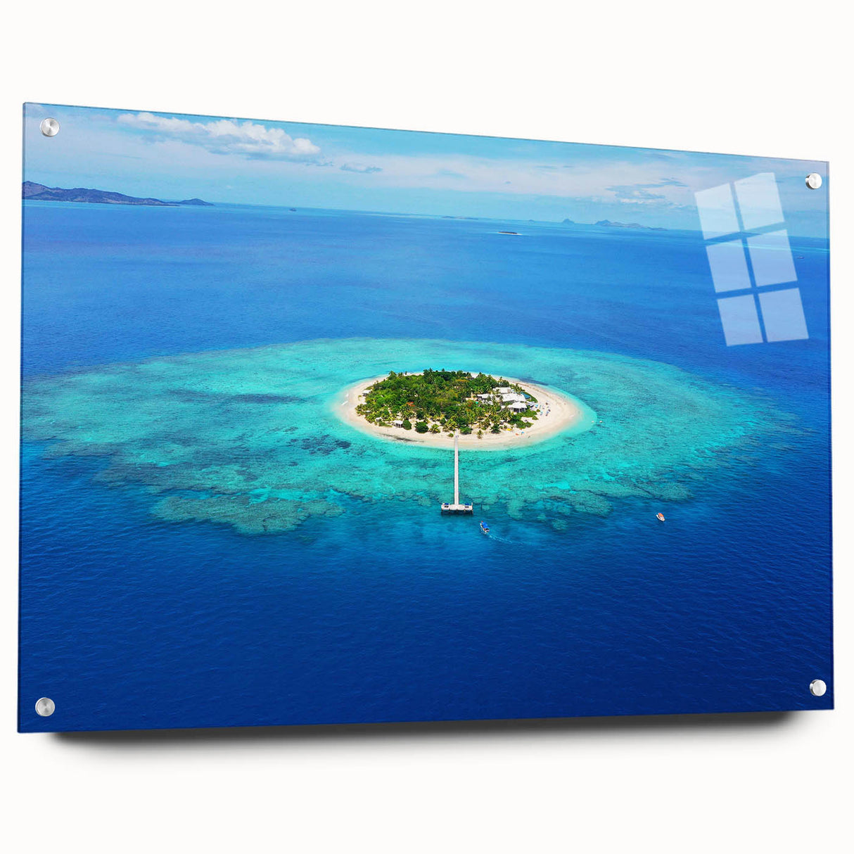 Large abstract wall art depicting Oceania scenery in Fiji on acrylic glass, suitable for bedroom or dining room decor.