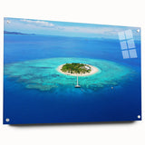 Large abstract wall art depicting Oceania scenery in Fiji on acrylic glass, suitable for bedroom or dining room decor.