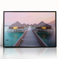 Large abstract wall art featuring serene Bora Bora landscape in muted blue and green tones, framed in black acrylic.