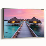 Framed canvas landscape art painting of Bora Bora with vibrant blue waters and lush green islands.