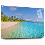 Acrylic glass print of a serene Tahitian landscape in soft blue and green tones, ideal for bedroom or dining room decor.