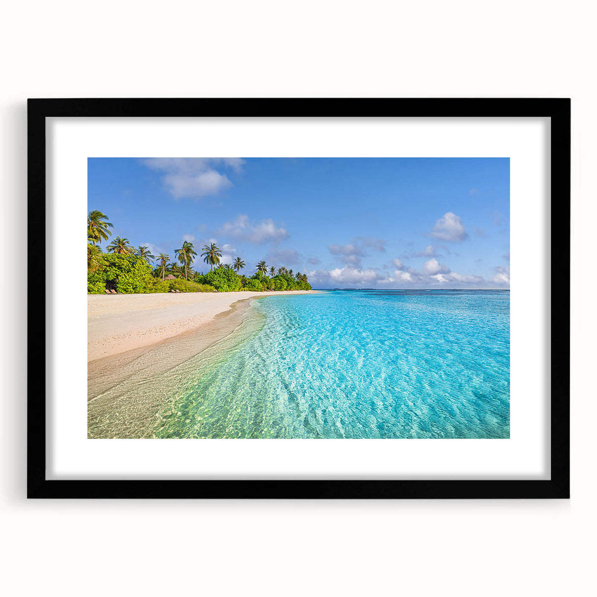 Colorful art print of abstract Tahitian landscape on textured canvas, framed in black, ideal for living room decor.