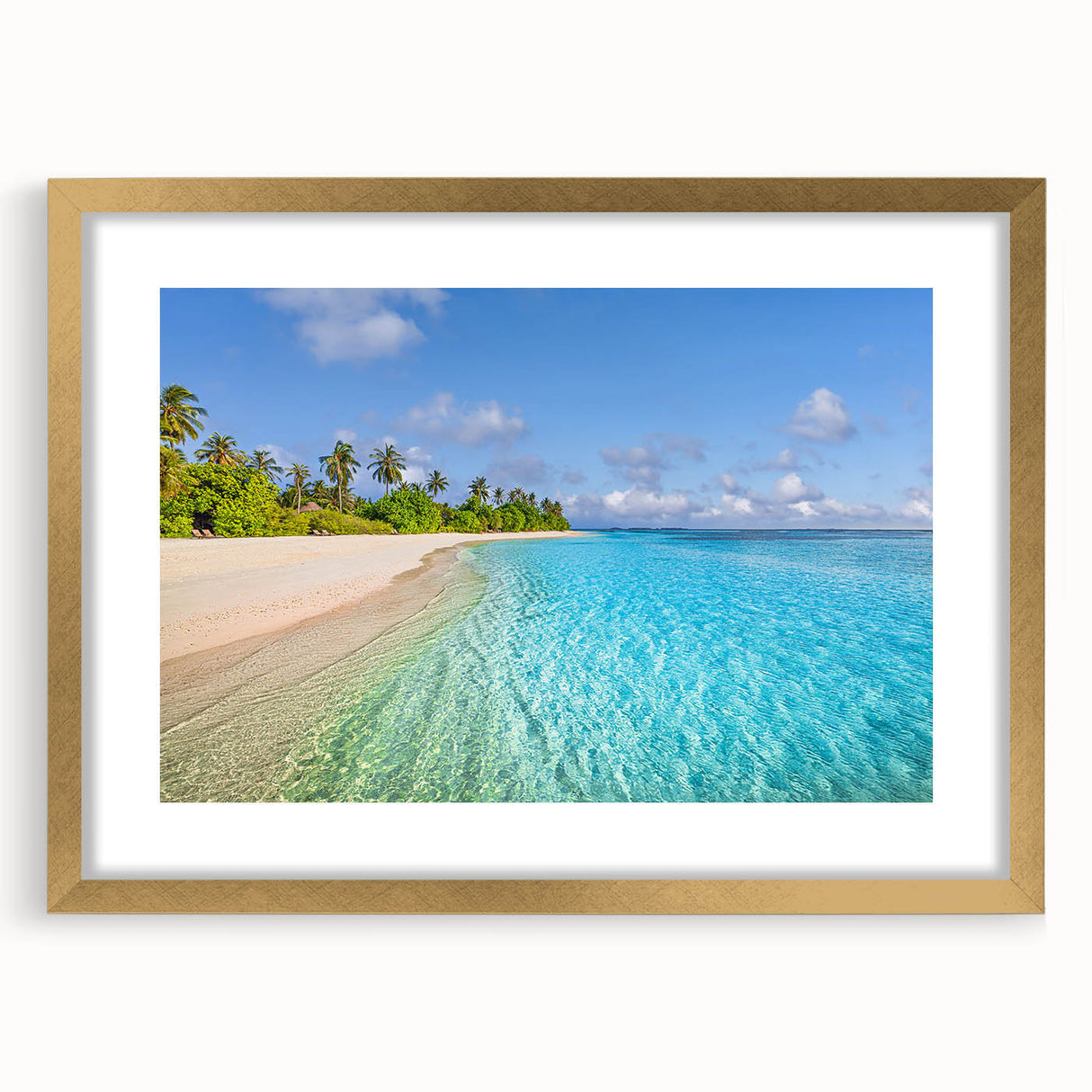 Extra large abstract art print of a Tahitian seascape, featuring textured brush strokes in blue and green, framed in gold.