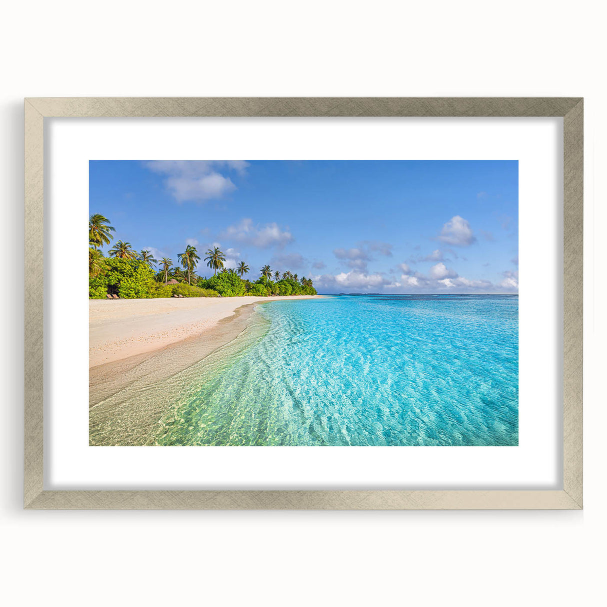 Textured art print depicting an abstract ocean scene in cool blue and green hues, framed in silver.