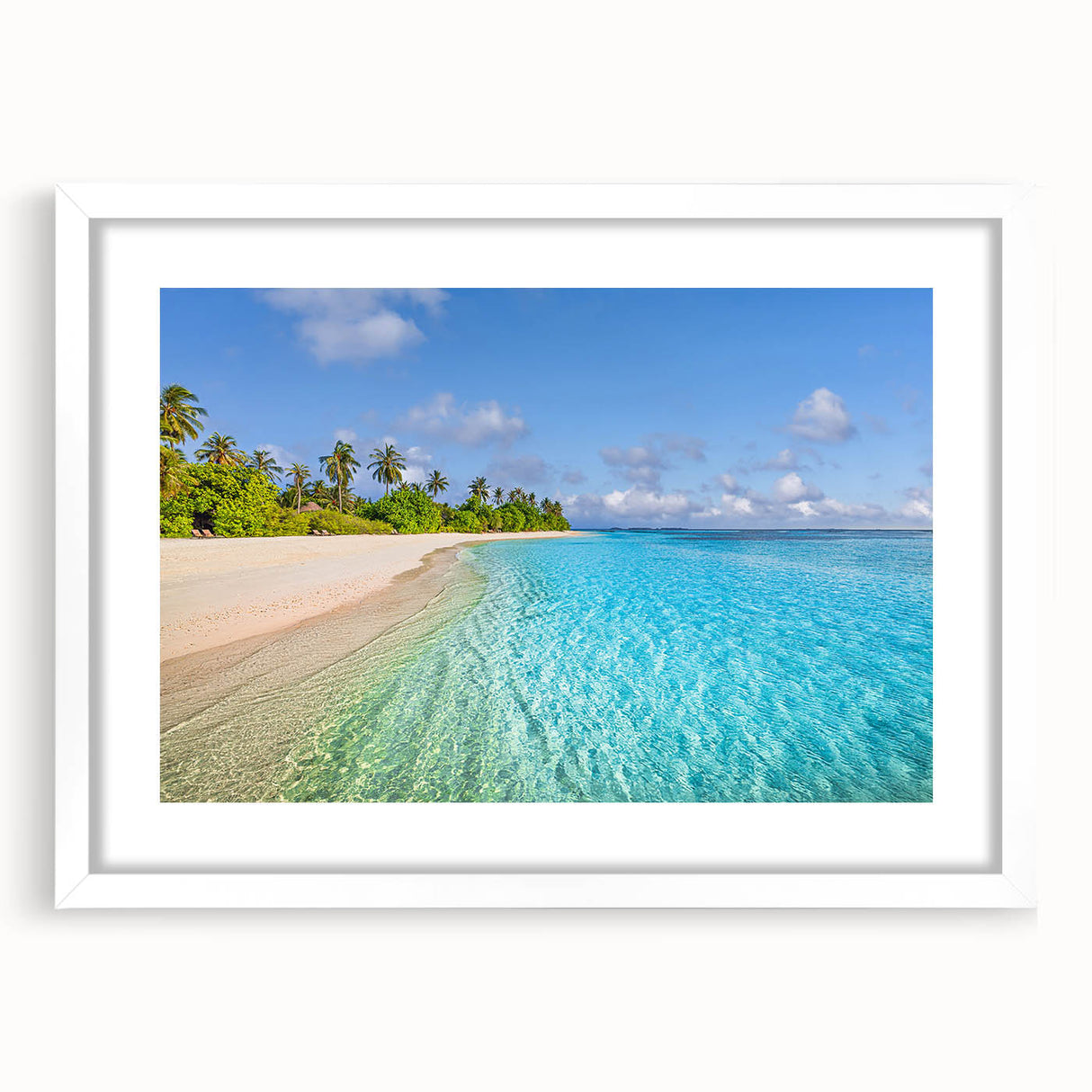 Abstract art print of Tahitian landscape in muted blue and green tones on a white-framed canvas.