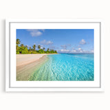 Abstract art print of Tahitian landscape in muted blue and green tones on a white-framed canvas.