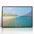 Large abstract wall art of Tahiti's oceanic scenery in muted blue and green hues, framed in black acrylic.
