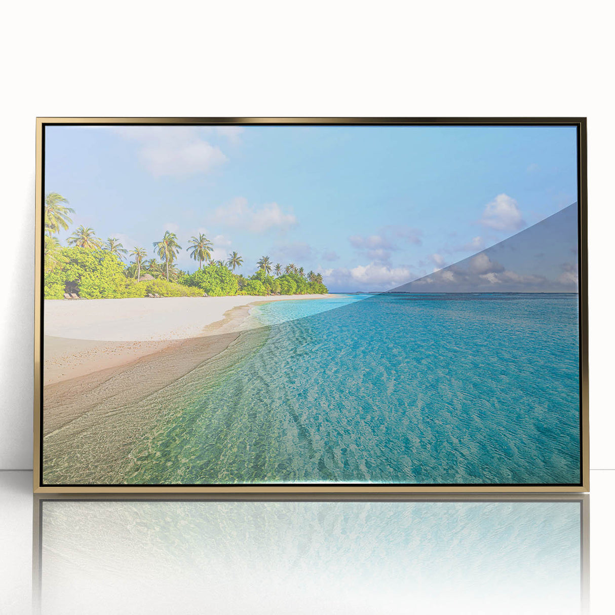 Large art print of a serene Tahitian landscape in muted green and blue tones, framed in gold acrylic.