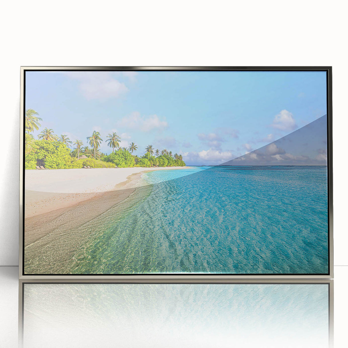 Mid-century modernist art of Tahitian scenery in cool blues and greens on a silver-framed acrylic.