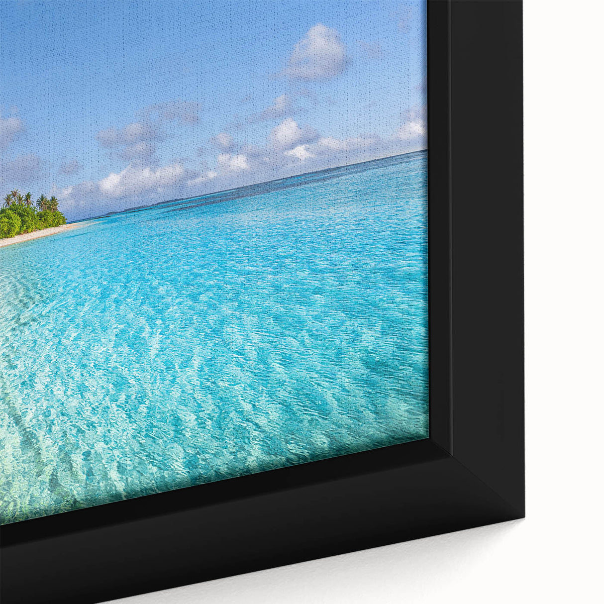 Extra large framed canvas featuring a textured depiction of Tahiti with vibrant ocean and lush greenery.