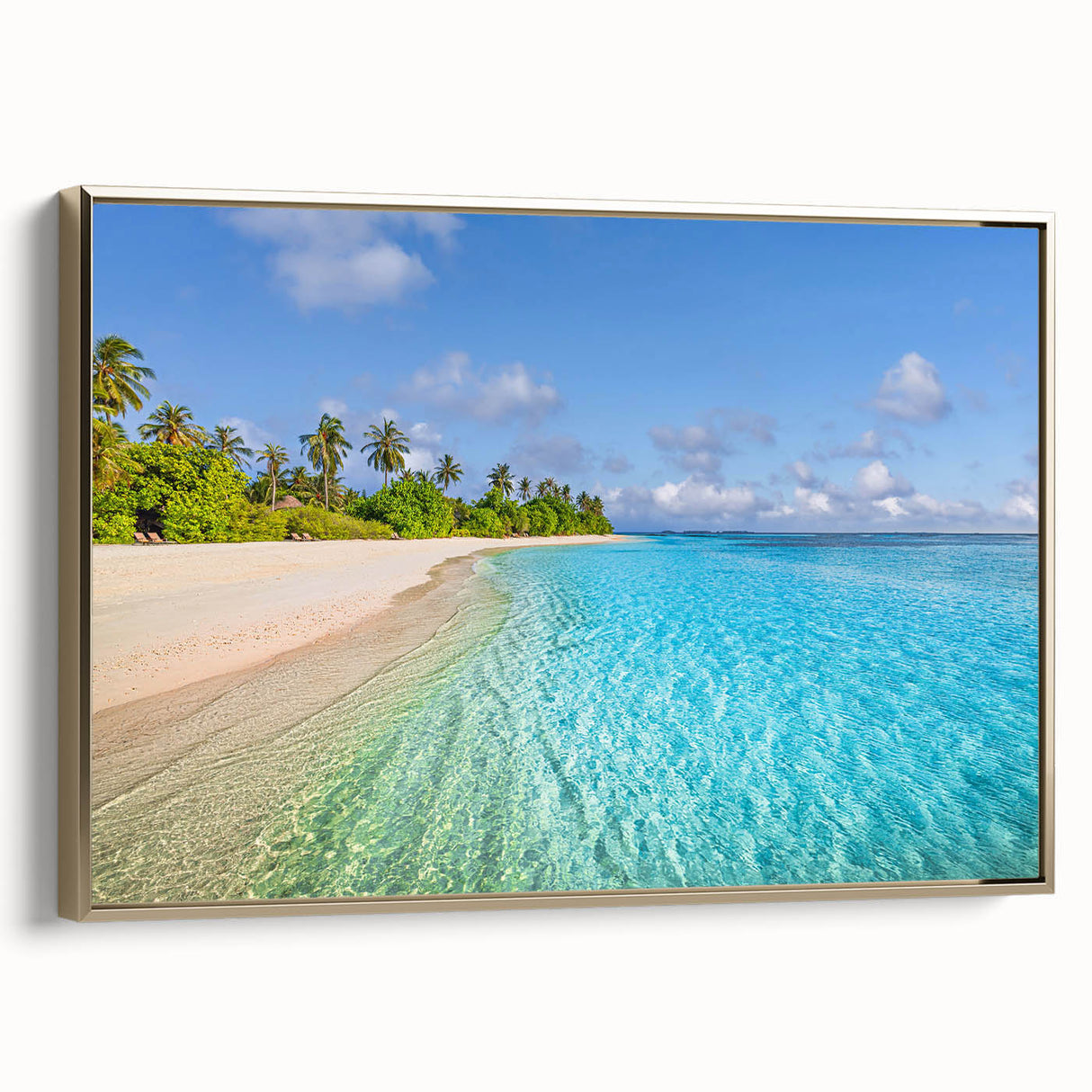 Framed canvas of a Tahitian landscape in muted blues and greens, ideal for bedroom wall art.
