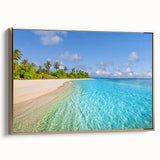 Framed canvas of a Tahitian landscape in muted blues and greens, ideal for bedroom wall art.