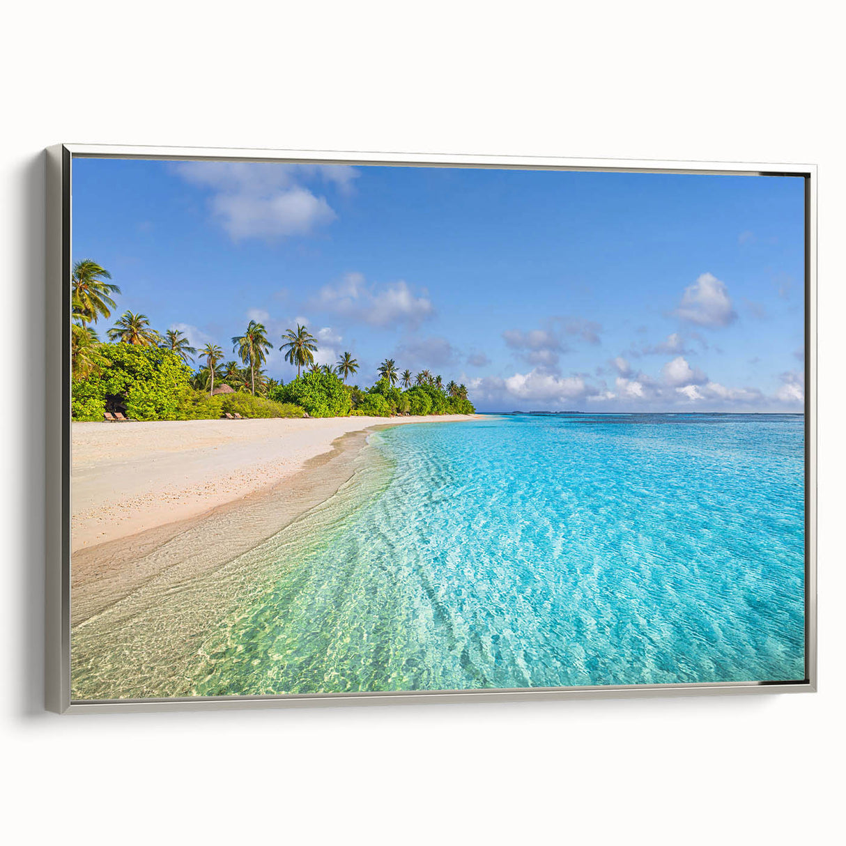 Framed canvas landscape art painting featuring a vintage-style Tahiti scenery in colorful hues, ideal for living room decor.