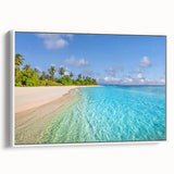Vintage poster art of Tahiti with vibrant colors on a large framed canvas, ideal for living room decor.