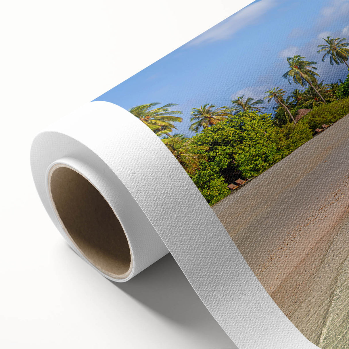 Art deco poster of Tahiti with muted blue and green tones on rolled canvas, ideal for nursery wall art.