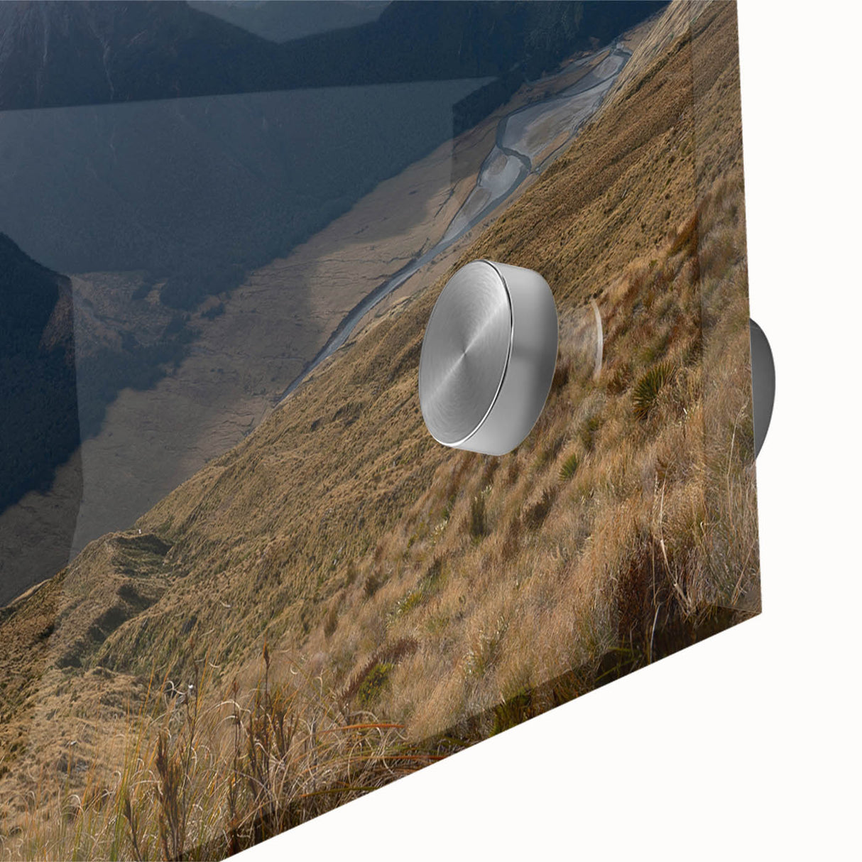 Large abstract wall art of Otago, New Zealand in muted earth tones on acrylic glass, ideal for dining room ambiance.