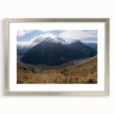 Textured art print of an abstract Otago, New Zealand landscape in muted earth tones on a silver-framed canvas.