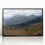 Large abstract wall art depicting a serene New Zealand Otago landscape in muted earth tones, framed in black acrylic.