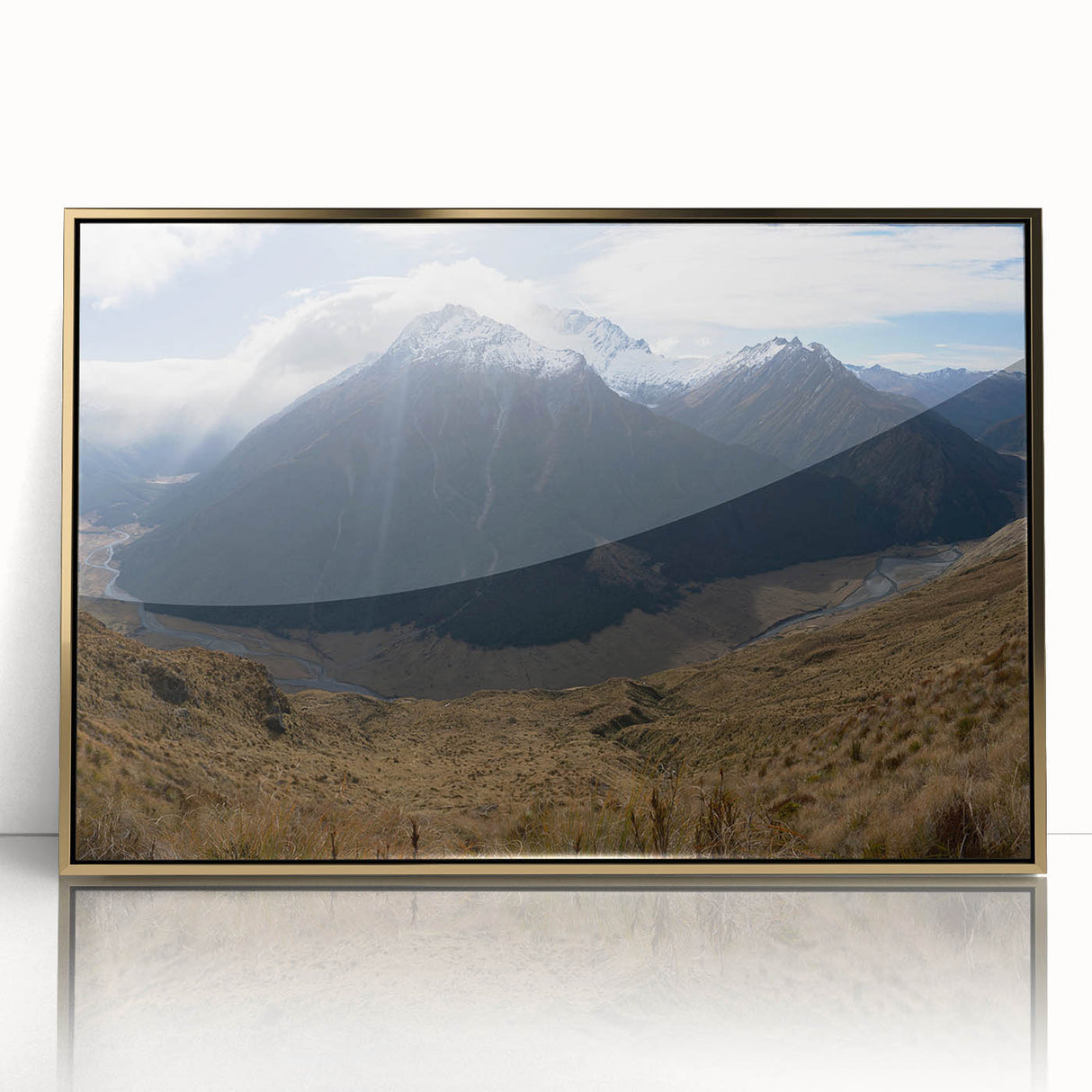 Large art print of Otago, New Zealand scenery in mid-century modernist style on a framed acrylic, with golden hues.