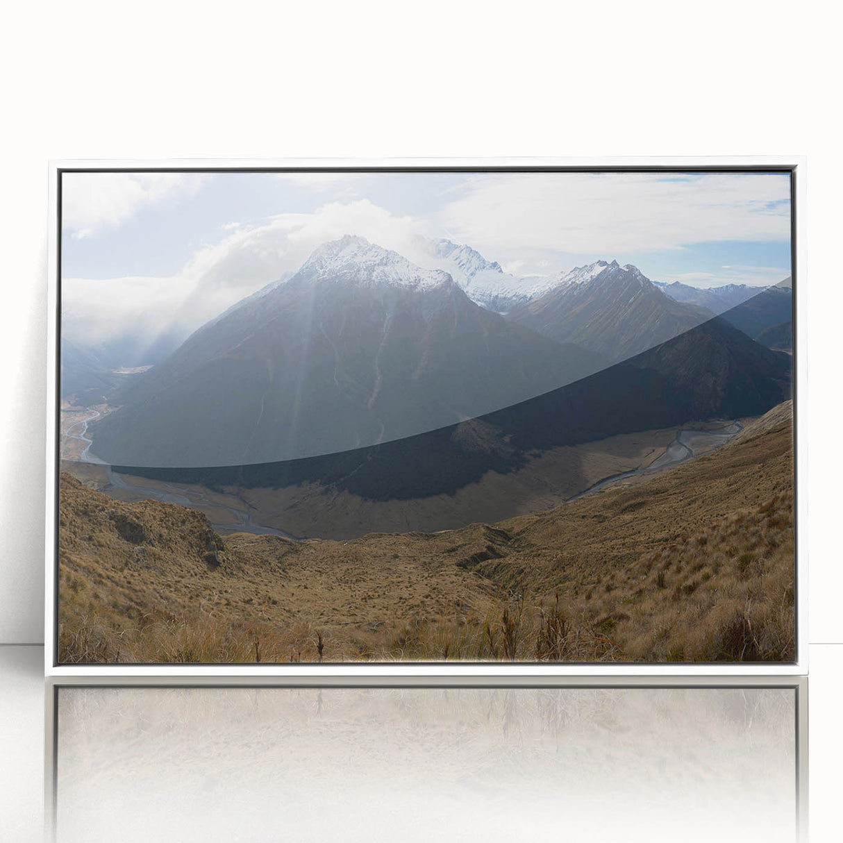 Modern art wall decor featuring a serene Otago, New Zealand landscape in pastel shades on a white-framed acrylic.