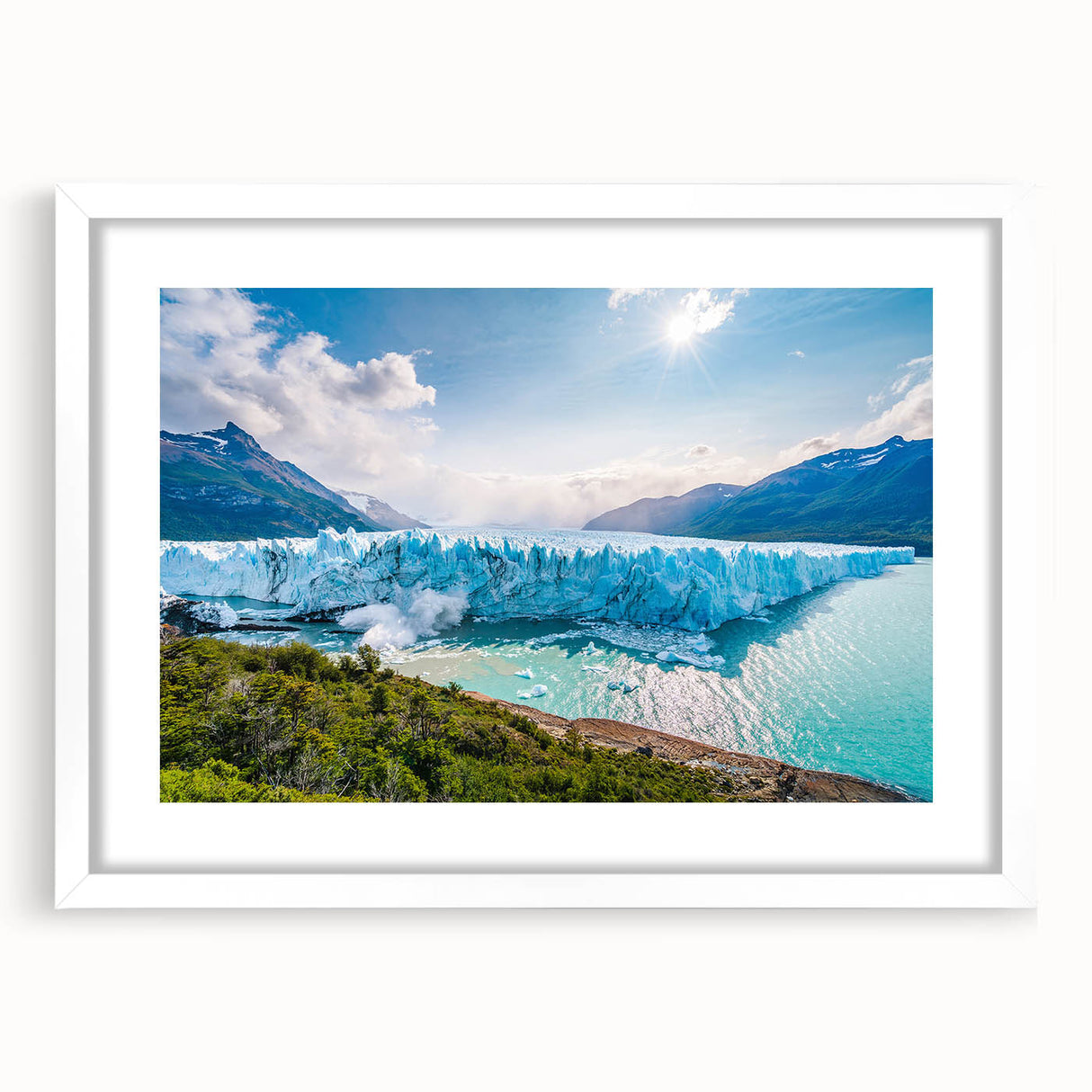 Abstract art print of an Argentine landscape in muted earth tones on a framed white mat, suitable for dining room decor.