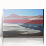 Mid-century modernist art of a Bolivian landscape in muted earth tones, framed acrylic, suitable for nursery wall decor.