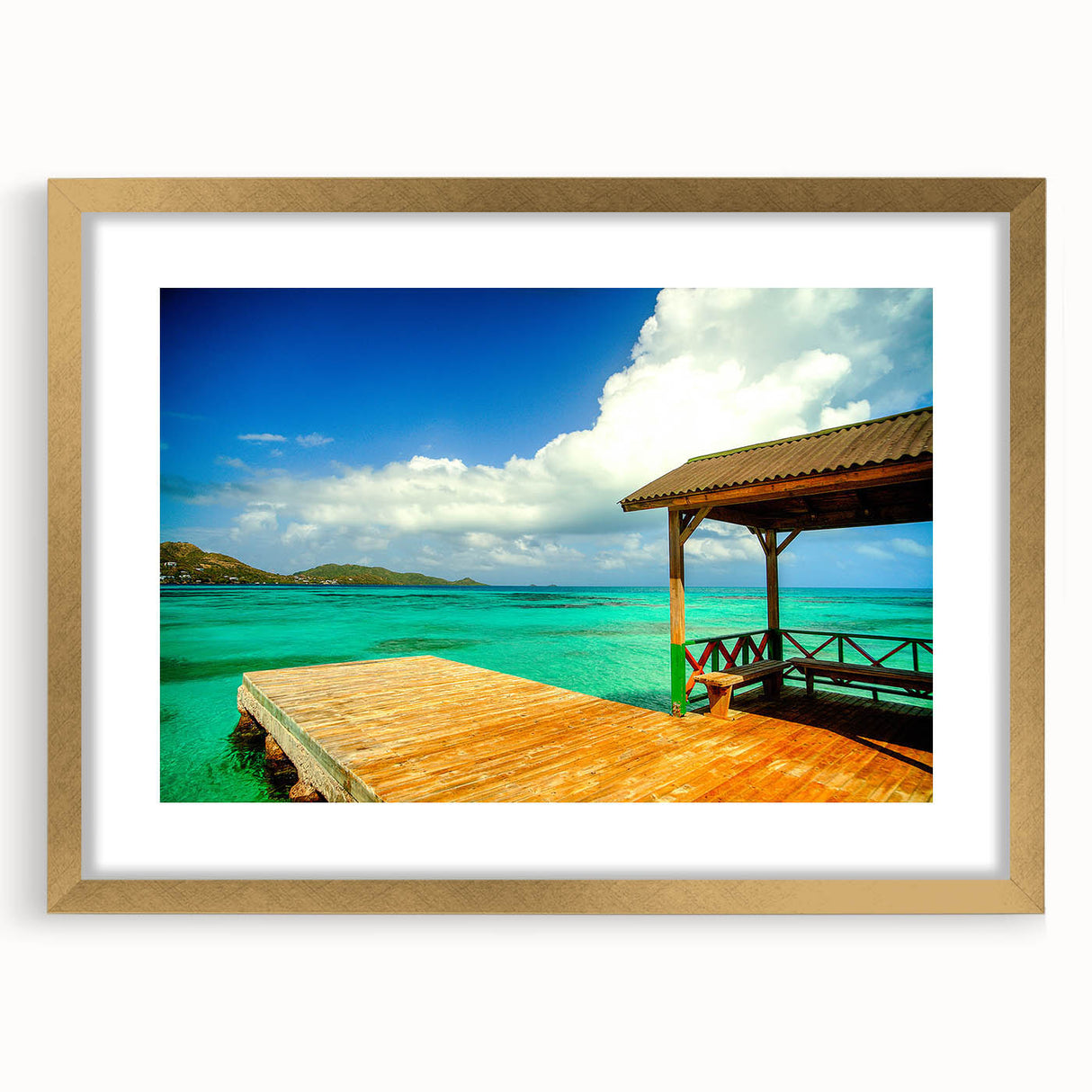 Extra large abstract art print depicting textured scenery of Colombia, in gold frame, suited for living room decor.