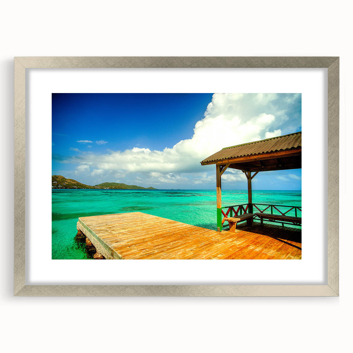 Textured abstract art print depicting a vibrant Colombian landscape on a framed silver mat, ideal for bedroom art.