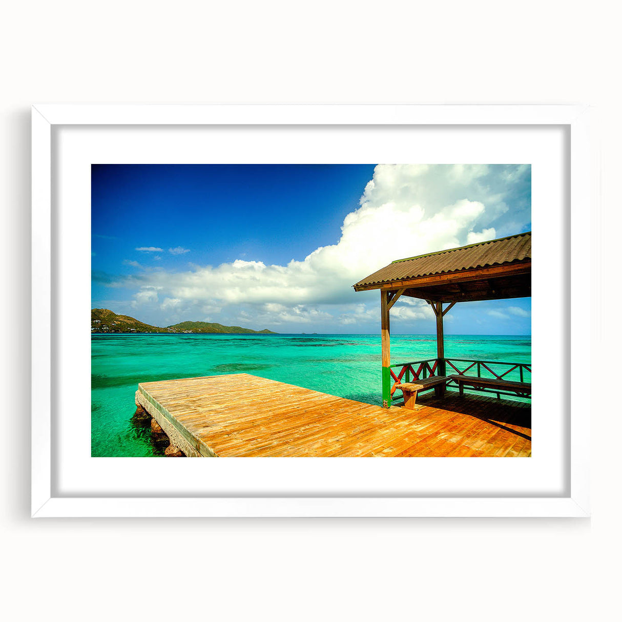 Abstract art print of a Colombian landscape in muted earth tones on a framed white mat, suitable for dining room decor.