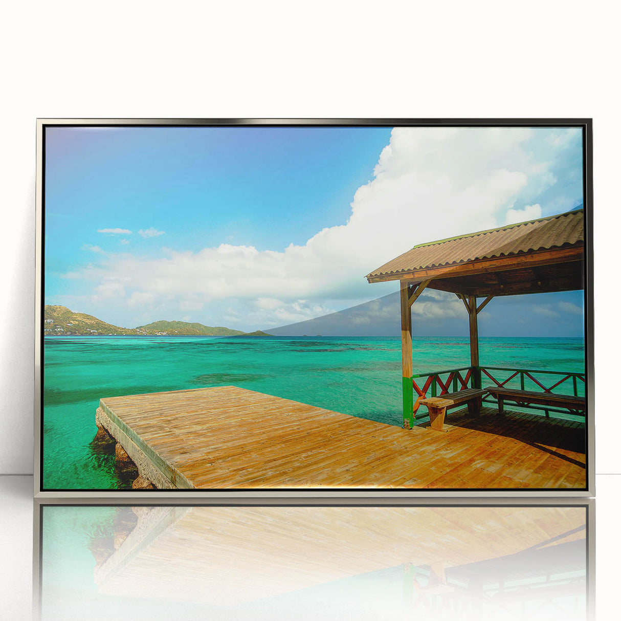 Mid-century modernist art depicting a scenic view of Colombia in muted green and blue, framed in silver acrylic.