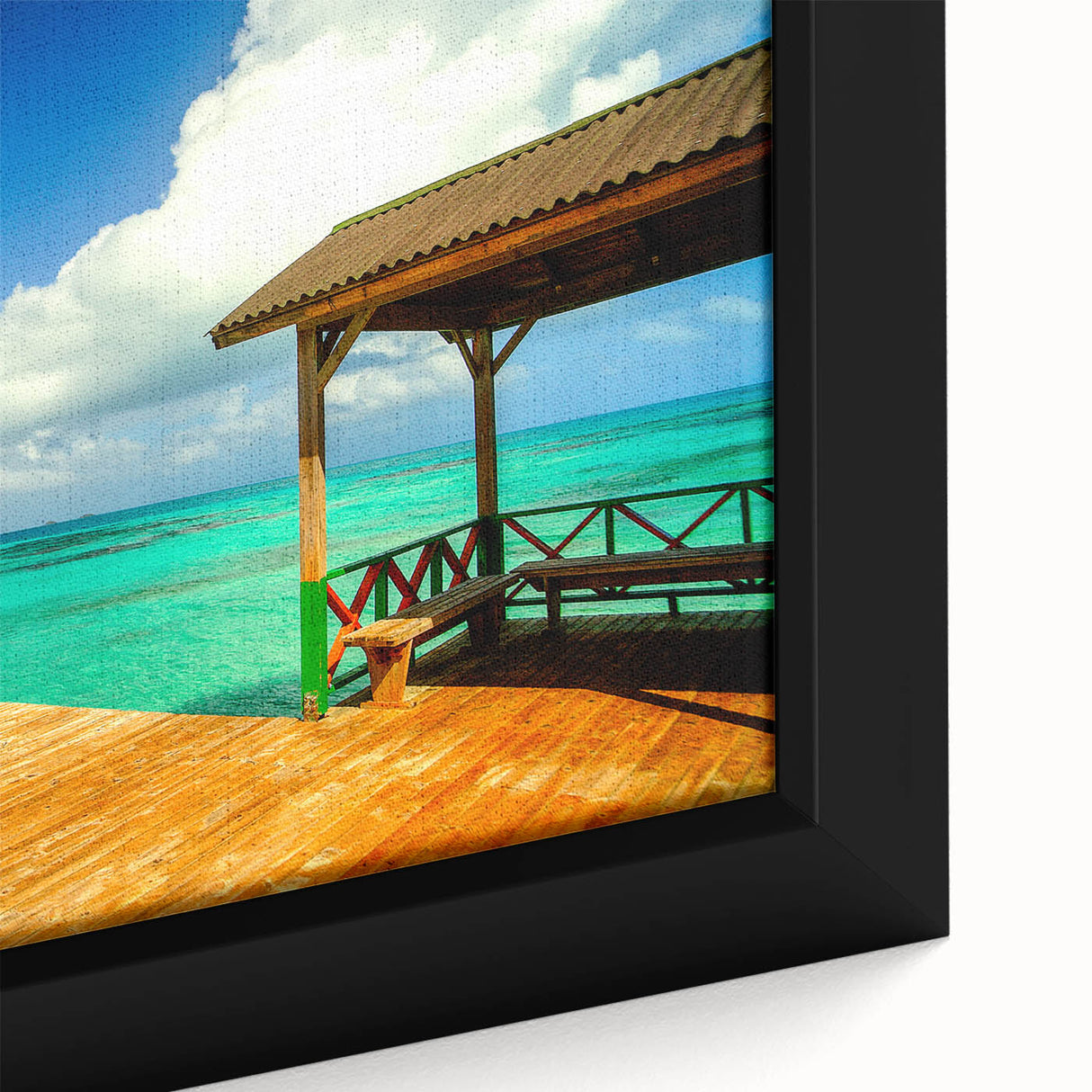 Extra large framed canvas of a textured, colorful Colombian landscape in black, ideal for living room decor.