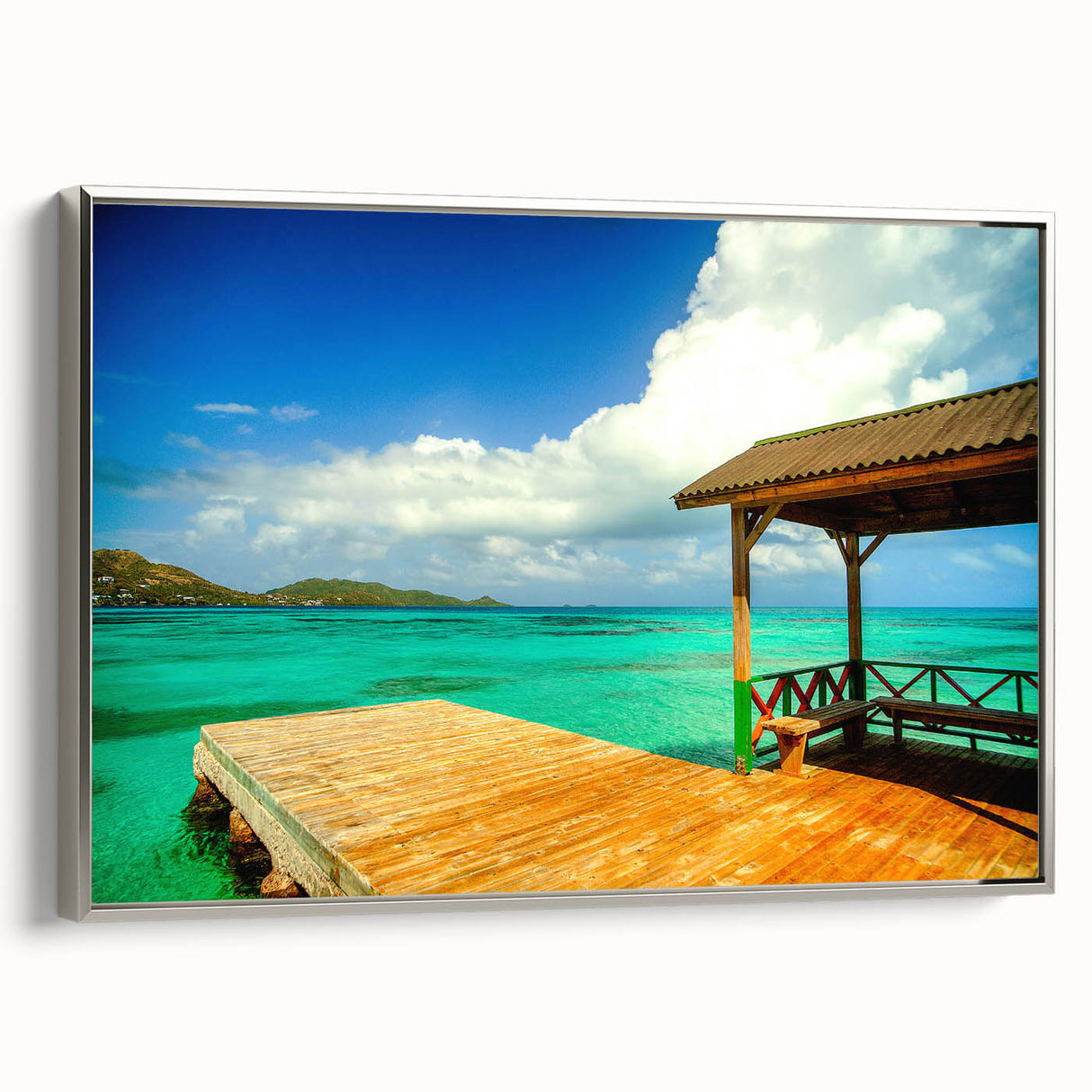Landscape art painting of a Colombian scenery on a silver-framed canvas, with vibrant green and blue tones.