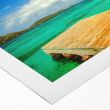 Art deco poster of a Colombian landscape in vibrant greens and blues on rolled canvas, suitable for dining room decor.