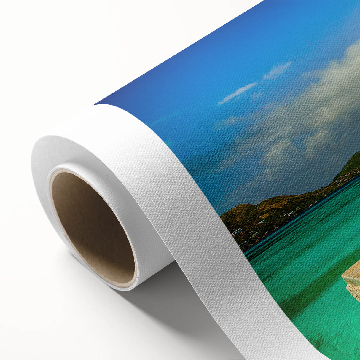 Art deco poster of a scenic Colombian landscape in soft pastel colors on rolled canvas, ideal for nursery wall art.