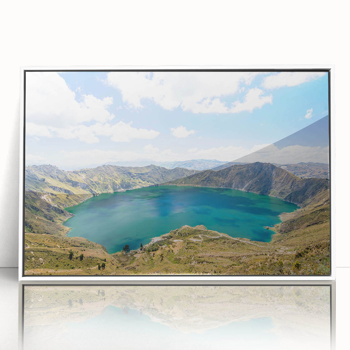 Art Deco poster of a scenic South American landscape in Ecuador, featuring muted earth tones on a framed acrylic.
